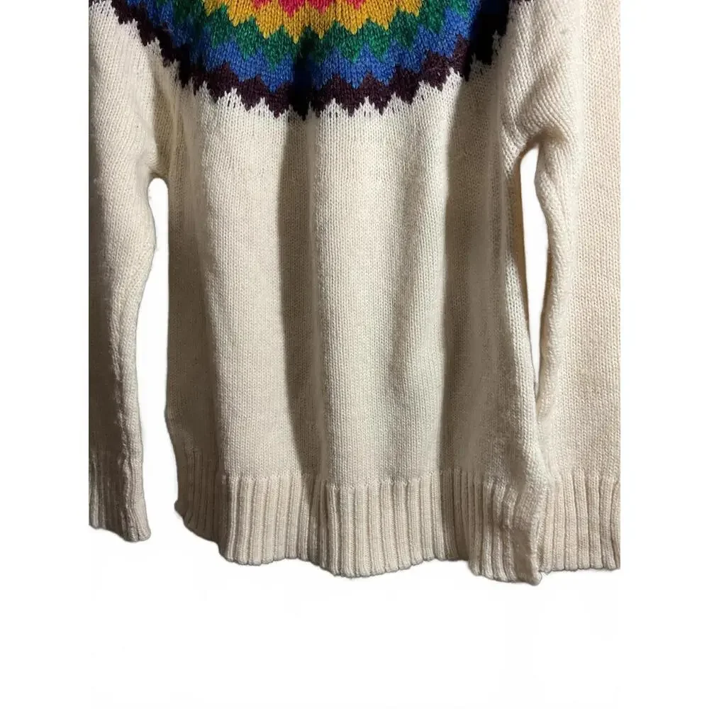 Alya White Wool Blend Turtleneck Sweater with Colorful Pattern Large - Picture 4 of 10